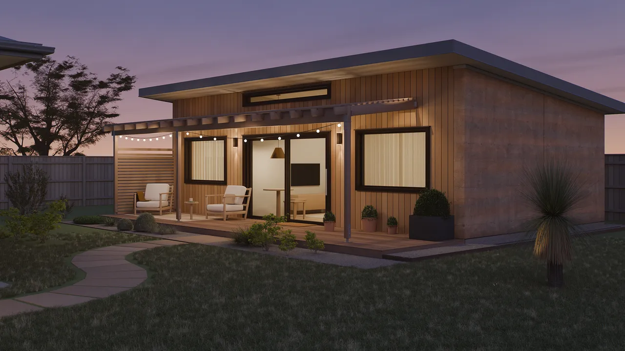 Seed 60 at dusk: the deck lights and festoon lights on, the living room lit behind the sliding doors, native grass tree in the lawn.