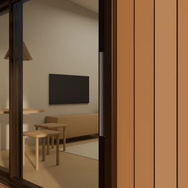 Looking through the open sliding door into the living and dining room, with timber cladding beside it.